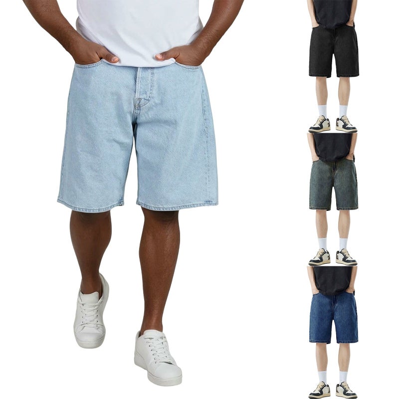 Summer Thin Light Blue Denim Shorts With Buttons For Men, Straight Loose Versatile American Style Cool Five-Point Pants Trendy - Image 2